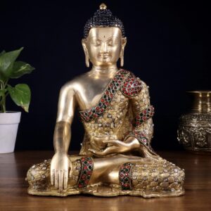 Pure Brass Bhumisparsha Buddha Statue with Nepalese Stonework – 10.5 Inch