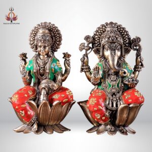 4” Pure Brass Ganesha Lakshmi Idol Set - Meenakari